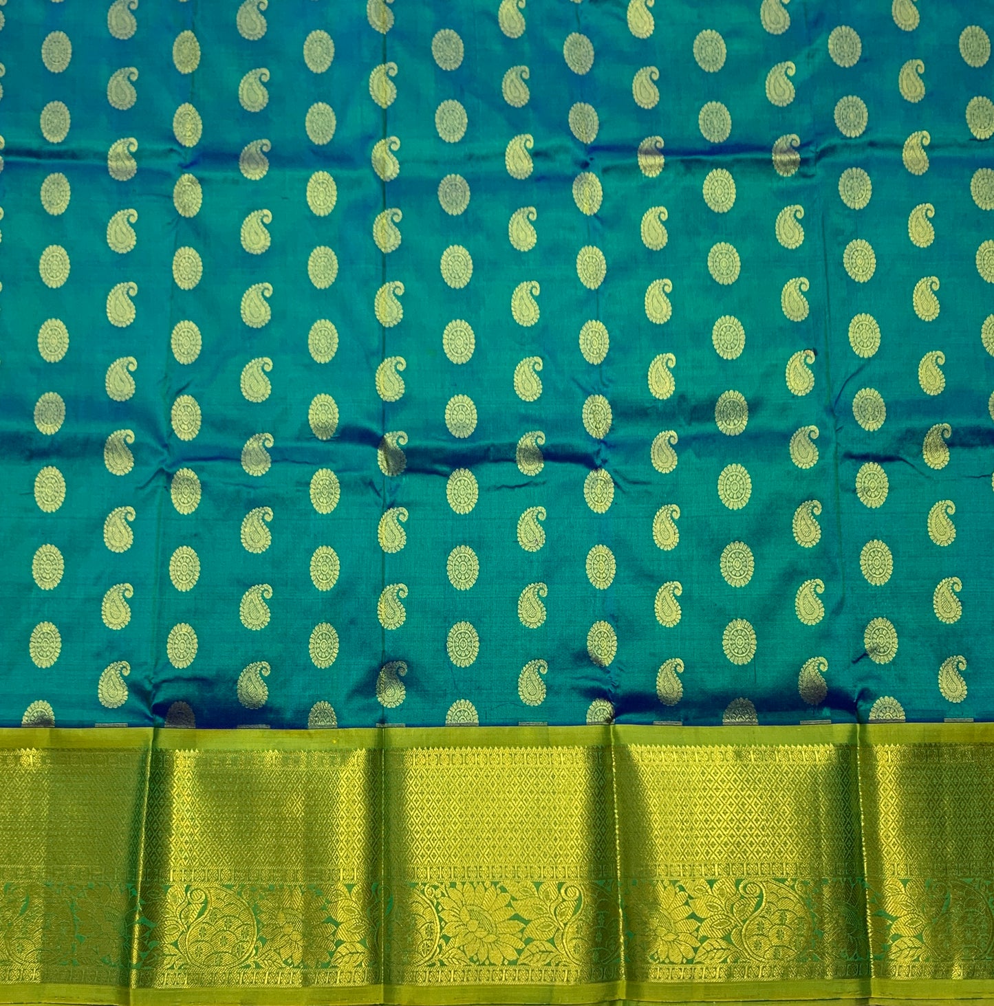 Peacock Blue Shade Pure Kanchipuram Kids Pattu Pavadai with Contrast border for age 2 to 5