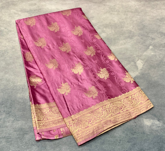 Banaras Saree Lavender Colour with Golden Colour Floral Design Border