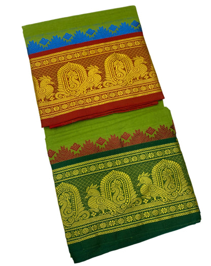 9X5 Cotton Dhoti Olive Green Colour with Red and Green Border