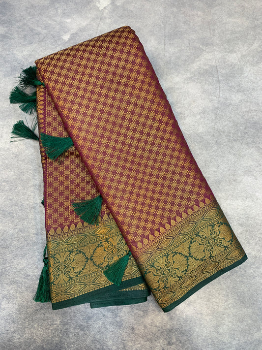 Crepe Saree Maroon Colour with Green Border
