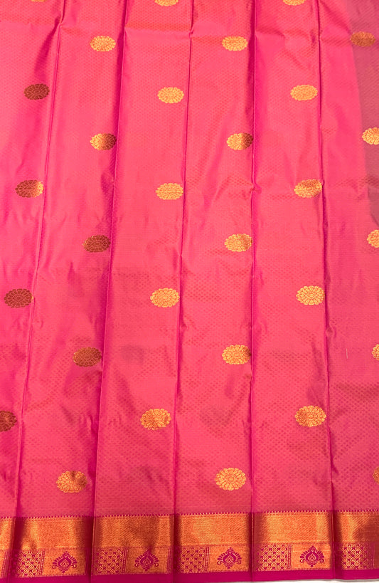 Baby Pink Shade Silk Cotton Saree with Copper Zari Border and Floral Design