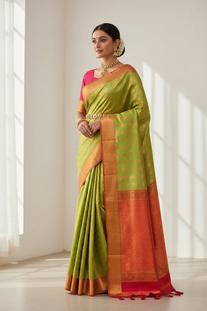 Vegan Silk Saree Apple Green Colour with Pink and Copper Border