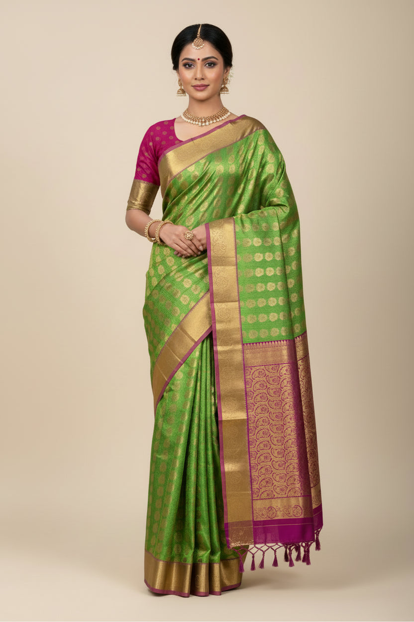 Vegan Silk Saree Apple Green Colour with Pink and Copper Border