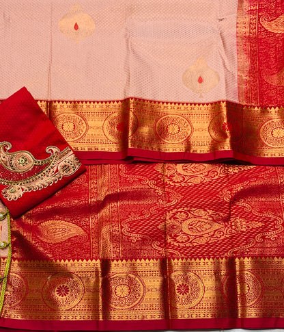 Bridal Vegan Silk Saree Peach Colour with Red Border with Unstitched blouse in Aari work
