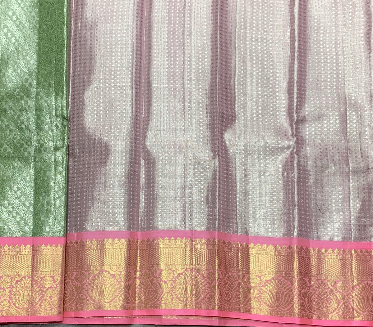 Pista Green Shade Pure Kanchipuram Kids Pattu Pavadai with Contrast Border for Newborn to 2 Years