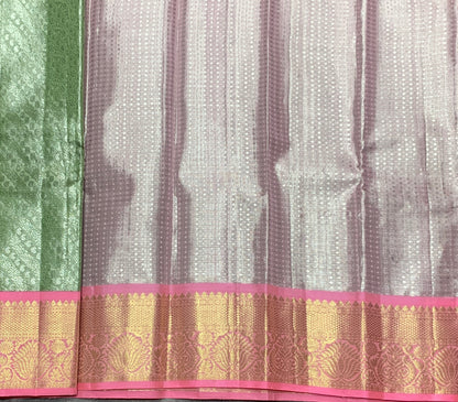 Pista Green Shade Pure Kanchipuram Kids Pattu Pavadai with Contrast Border for Newborn to 2 Years