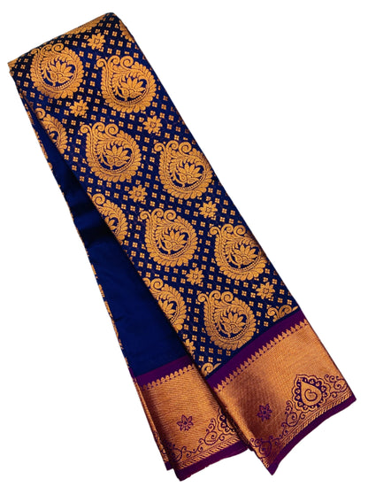 Vegan Silk Saree Blue Colour with Copper and Magenta Border