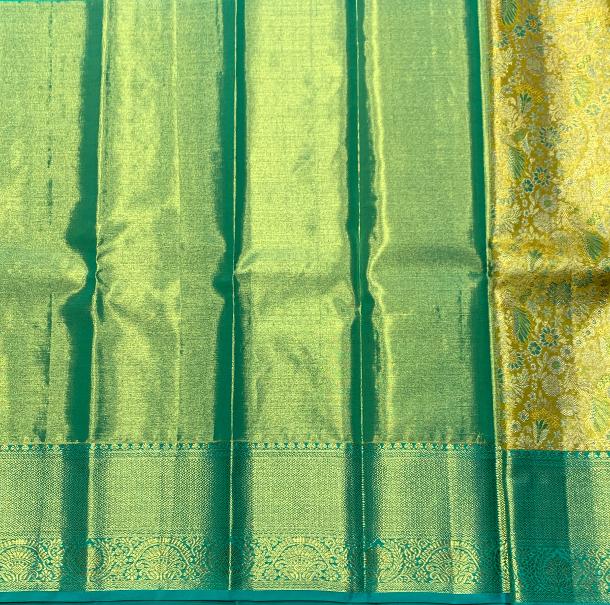 Parrot Green Shade Pure Kanchipuram Kids Pattu Pavadai with Contrast Border for Newborn to 2 Years