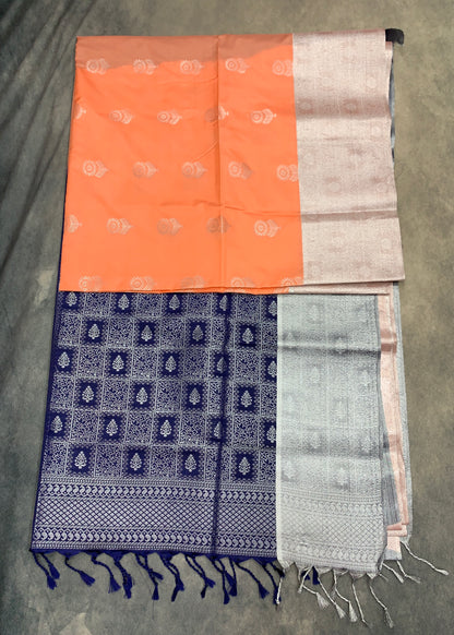 Art Silk Saree Peach Colour with Sliver Zari Border