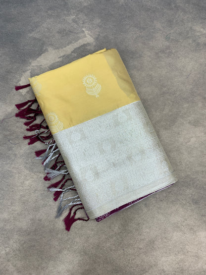 Art Silk Saree Lemon Yellow Colour with Sliver Zari Border