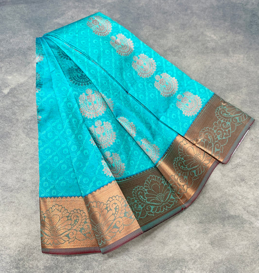 Vegan Silk Saree Sapphire Colour Saree with Copper and Floral Design