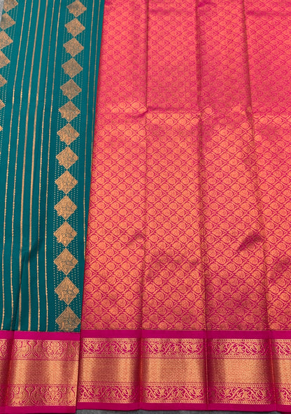 Vegan Silk Saree Peacock Blue Colour Saree with Pink Colour Contrast Border