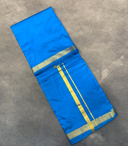 9X5 Pure Silk Dhoti Sky Blue Colour with Small Golden Zari Border