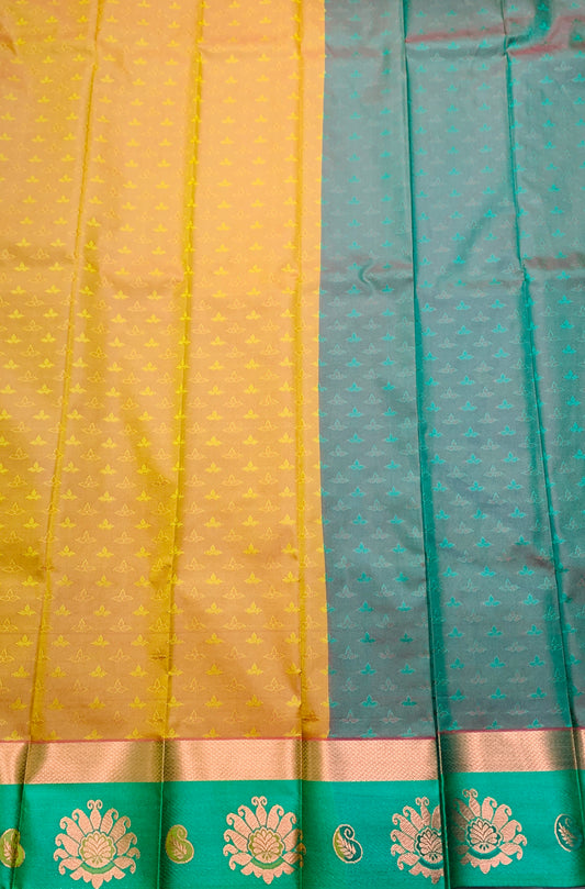 Synthetic Cotton Saree Mustard Shade with Light Green and Floral Design Border