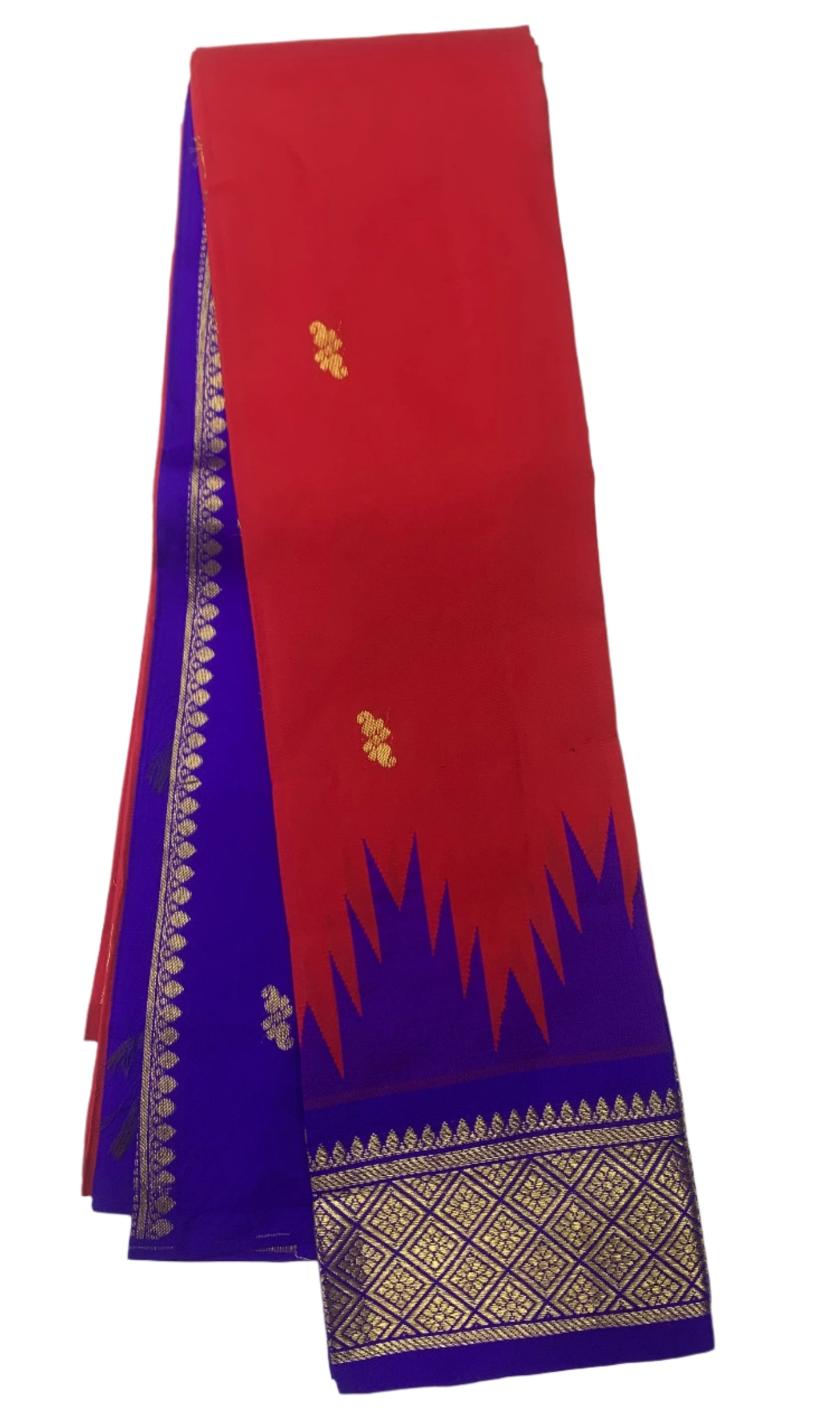 Pure Kanchipuram Silk Saree Red Colour with Blue and Gold Zari Border