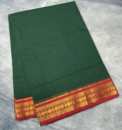 Chettinad Cotton Saree Dark Green Colour with Red Colour with Zari Work Border