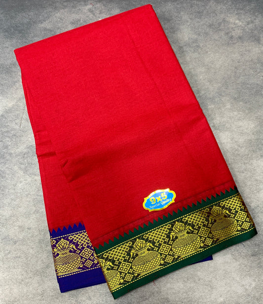 9X5 Cotton Dhoti Red Colour with Green and Blue Border