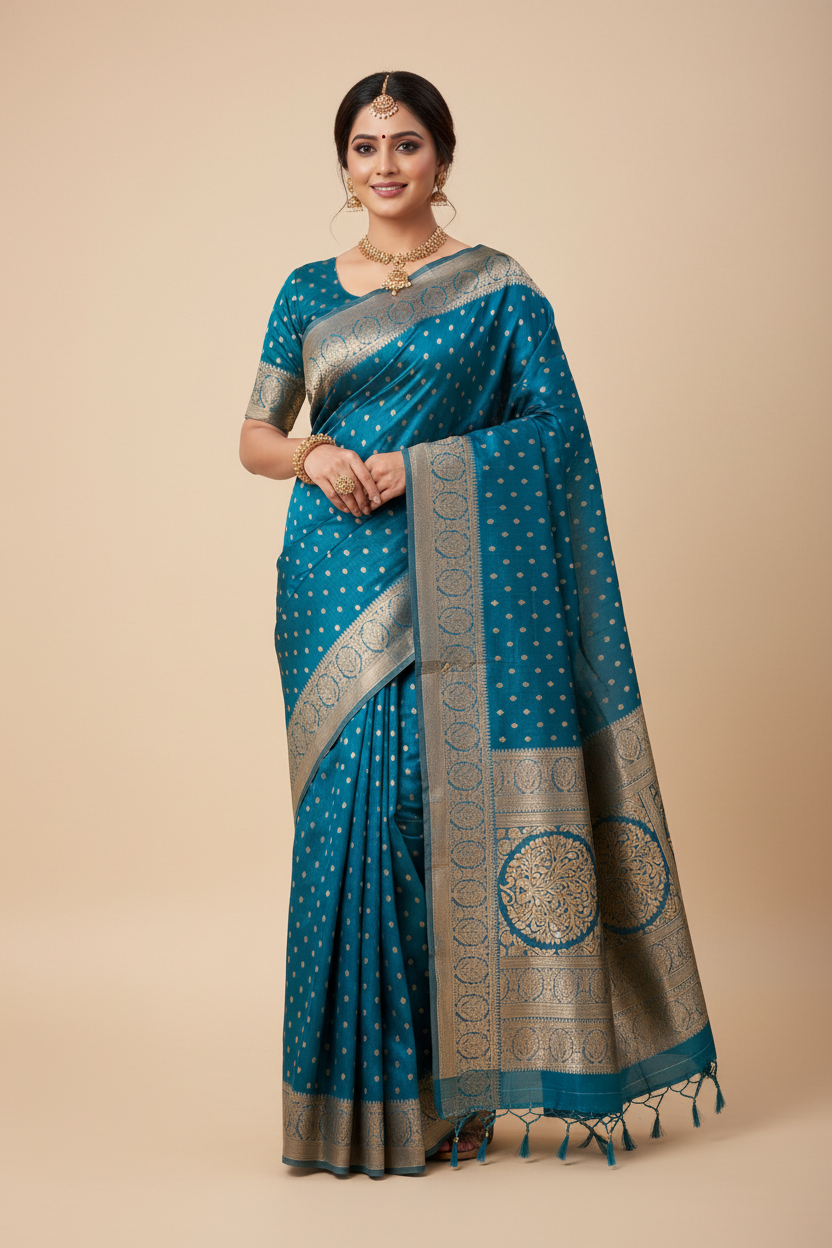 Banaras Katan Saree Peacock Blue Colour with Katan Work Border