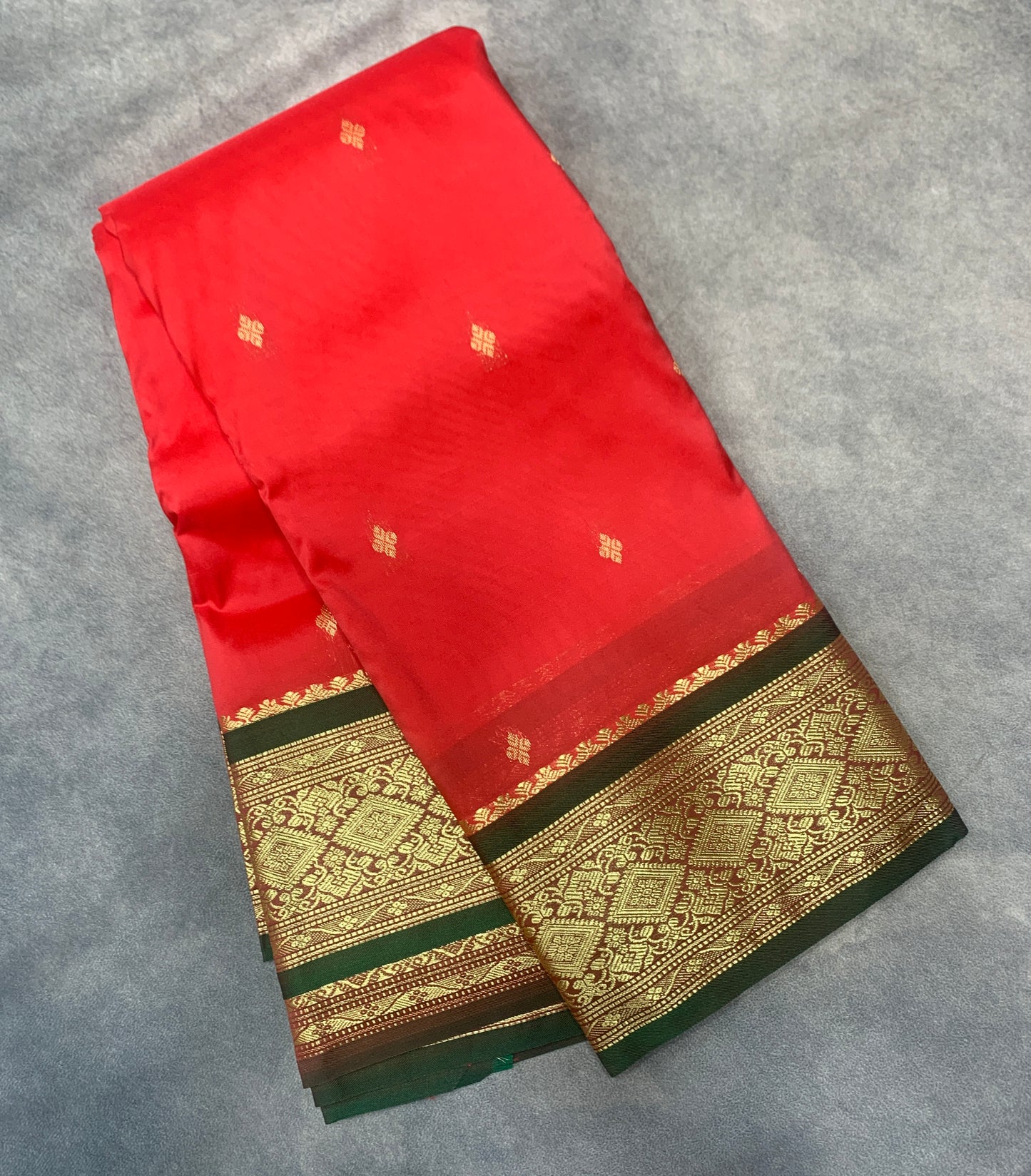 Red Shade Saree with Golden and Green Border