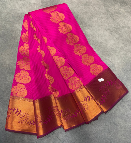 Vegan Silk Saree Rani Pink Colour Saree with Copper Border