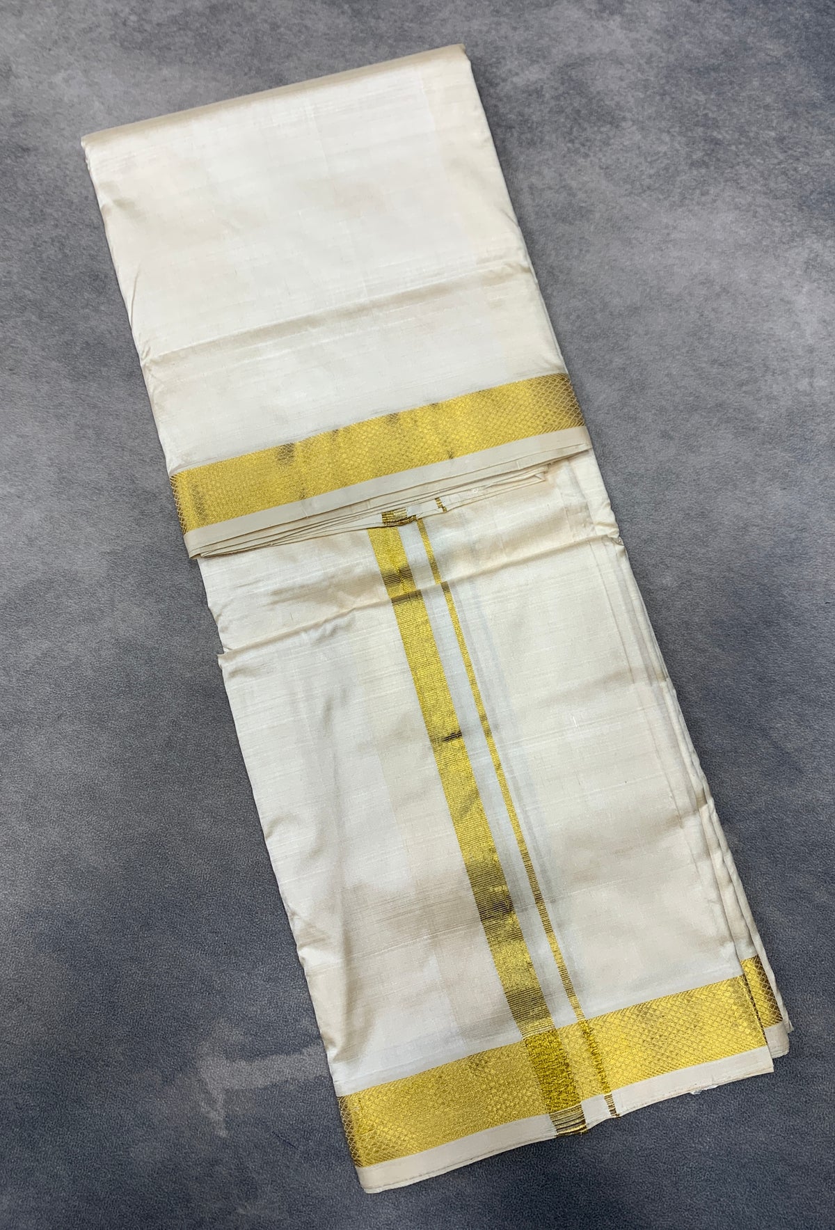 9X5 Pure Silk Dhoti Cream with Small Golden Zari Border