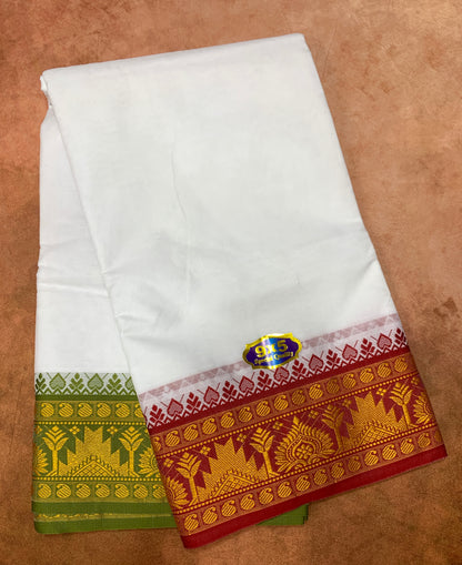 9X5 Cotton Dhoti White with Red and Olive Green  Ganga Jamuna Border