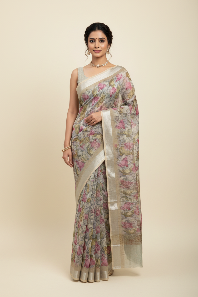 Jute Cotton Saree Brown Shade with Thread Border