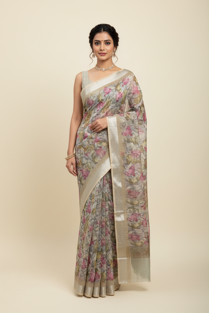 Jute Cotton Saree Brown Shade with Thread Border