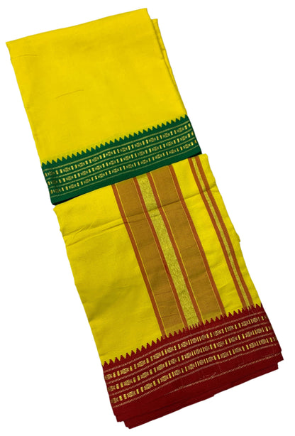 9X5 Cotton Dhoti Yellow Colour with Green and Red Border