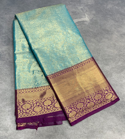 Fancy Tissue Saree Sapphire Colour with Magenta Colour Floral Design Border