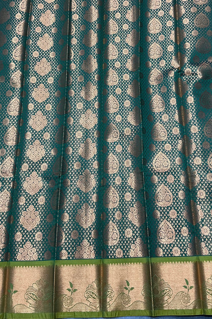 Vegan Silk Saree Light Green Colour with Copper and Olive Green Border