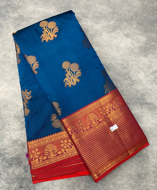 Soft Silk Casual Saree Sky Blue Colour with Red and Golden Colour Border
