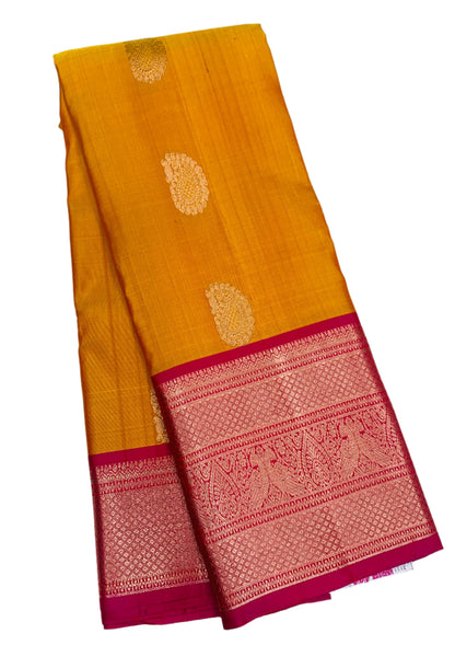 Pure Kanchipuram Silk Saree Golden Yellow Colour with Pink Border