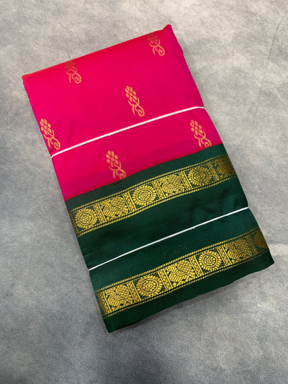 Semi Silk Saree Pink Colour with Rettai Pettu Border-(One Side Border)