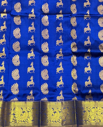 Blue Shade Pure Kanchipuram Kids Pattu Pavadai with Contrast Border for Newborn to 2 Years