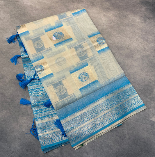Banaras Katan Saree Off White Colour with Sky Blue Katan Work Border