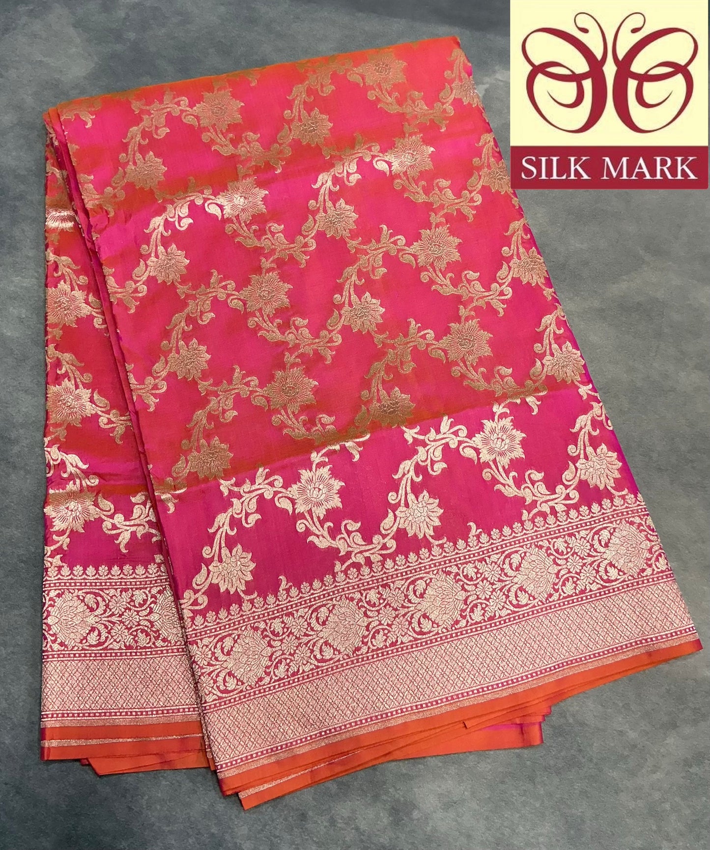 Pure Banaras Silk Saree Rani Pink (Dual Tone)Colour with Beautifully Crafted Floral Banarasi border