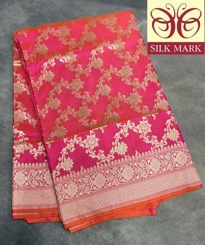 Pure Banaras Silk Saree Rani Pink (Dual Tone)Colour with Beautifully Crafted Floral Banarasi border