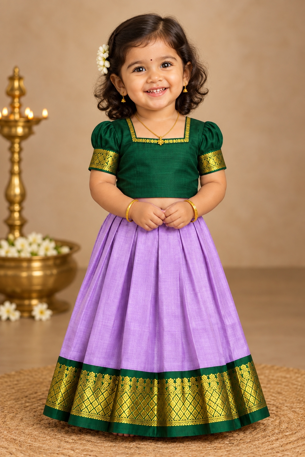 Lavender Shade Pure Kanchipuram Kids Pattu Pavadai with Contrast Border for Newborn to 2 Years