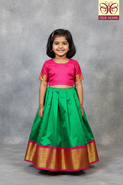 Light Green Shade Pure Kanchipuram Kids Pattu Pavadai with Contrast Border for Newborn to 2 Years