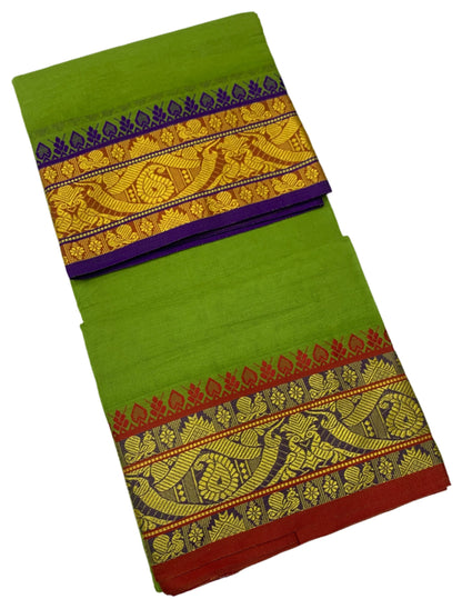 9X5 Cotton Dhoti Olive Green Colour with Blue and Red Border