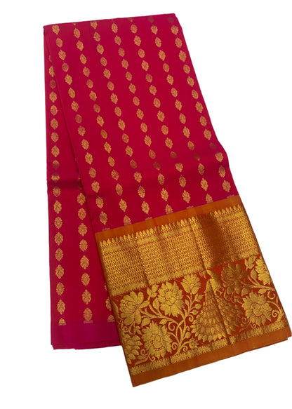 Rani Pink shade Semi Silk Kids Pattu Pavadai with contrast border for age above 10 years