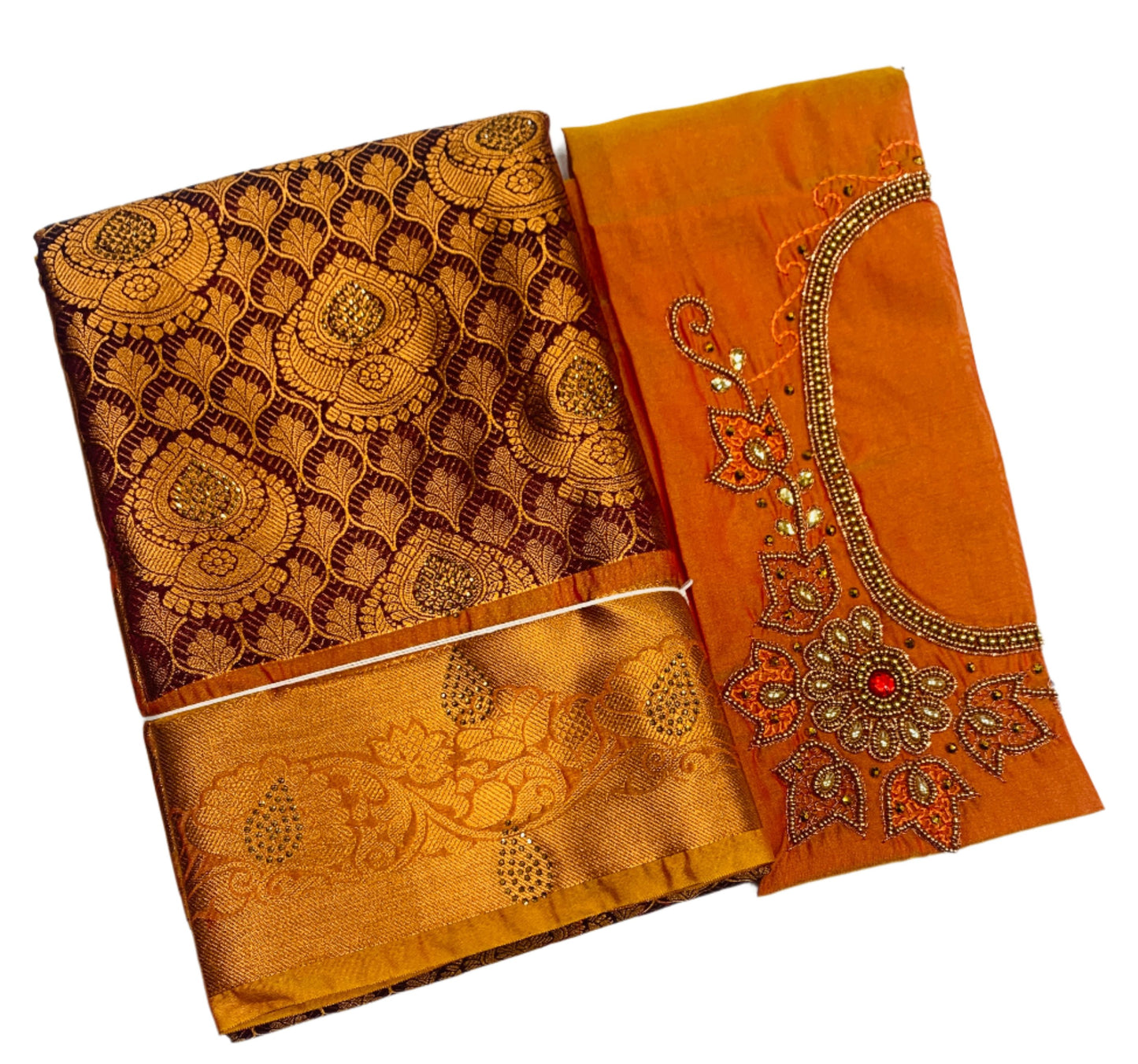 Bridal Vegan Silk Saree Brown shade with Mustard Border with Unstitched blouse in Aari work