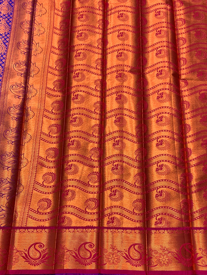 Vegan Silk Saree Violet Colour with Pink and Copper Border