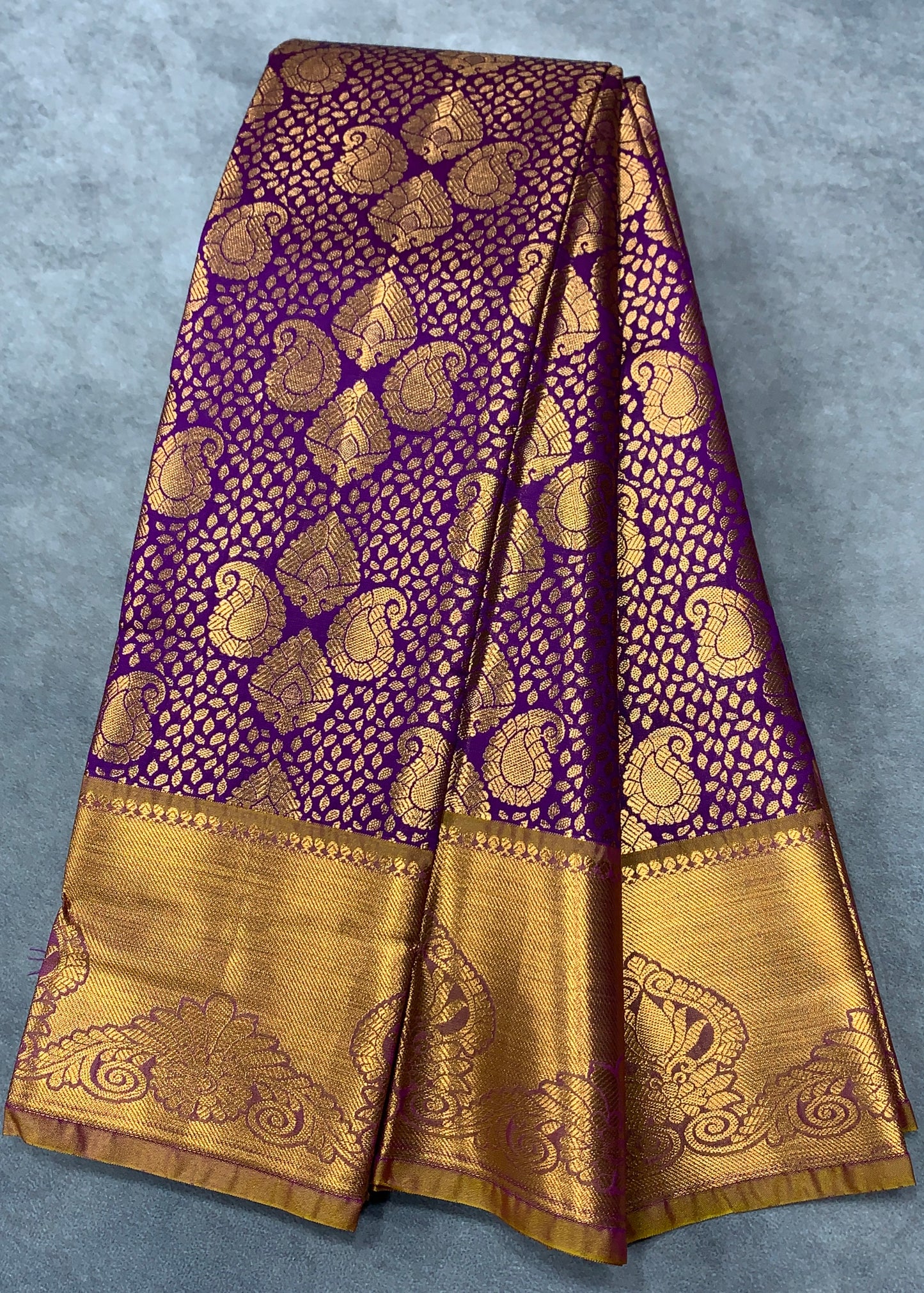Vegan Silk Saree Purple Colour with Copper and Golden Yellow Border