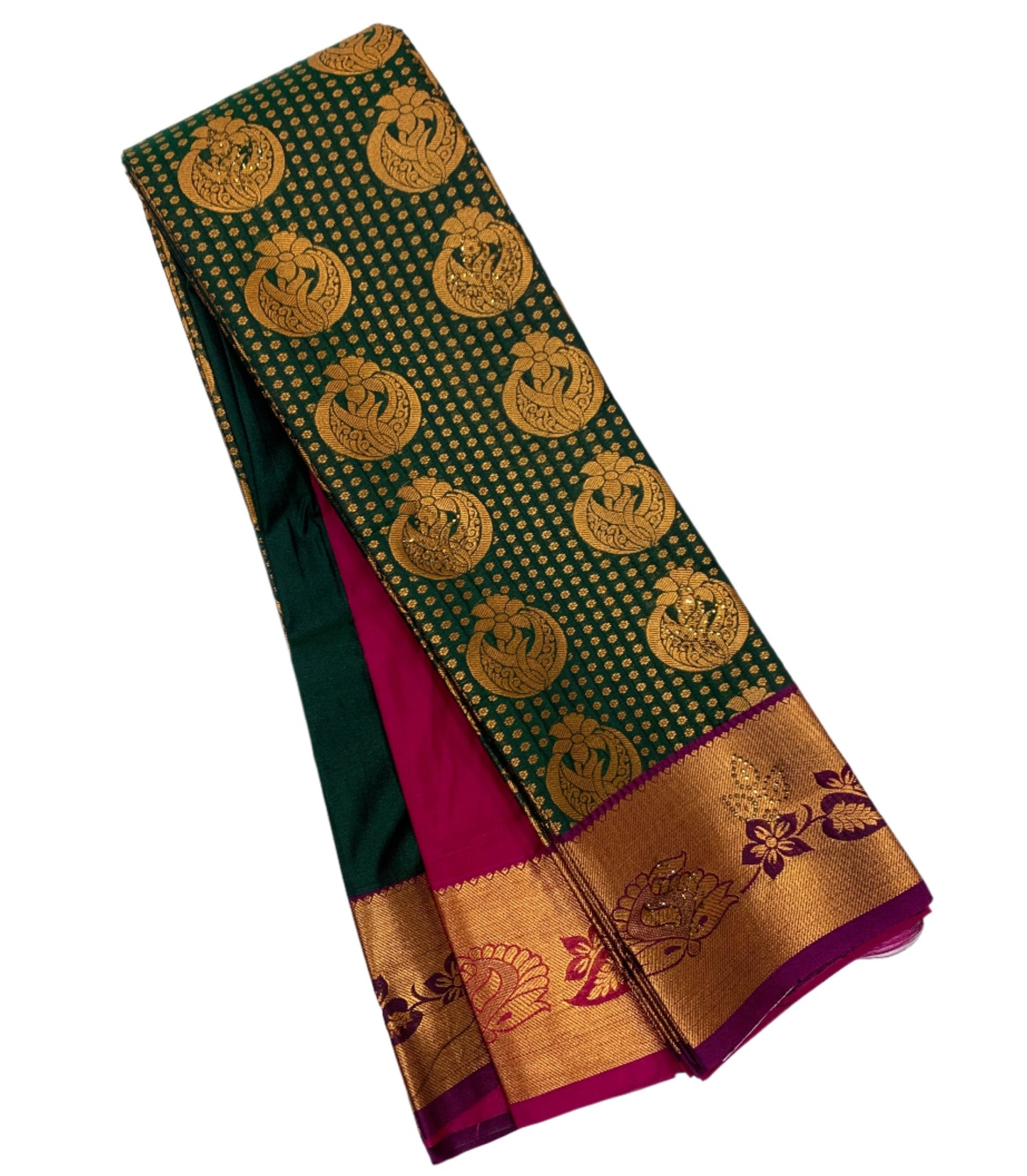 Vegan Silk Saree Green Colour with Copper and Magenta Border