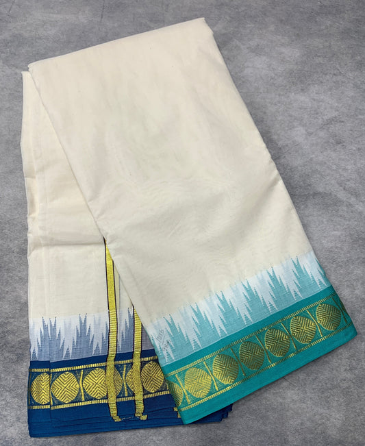 10x6 Korvai Cotton Dhoti Half White Colour with Green and Blue Border