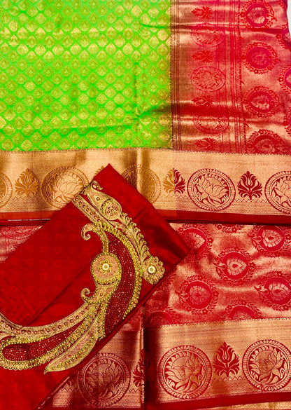 Bridal Vegan Silk Saree Apple Green shade with Copper Border with Unstitched blouse in Aari work