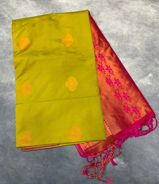 Soft Vegan Silk Saree Lime Green Colour with Pink and Copper Border
