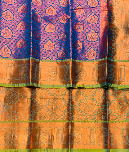 Vegan Silk Saree Blue Colour with Copper and Light Green Border